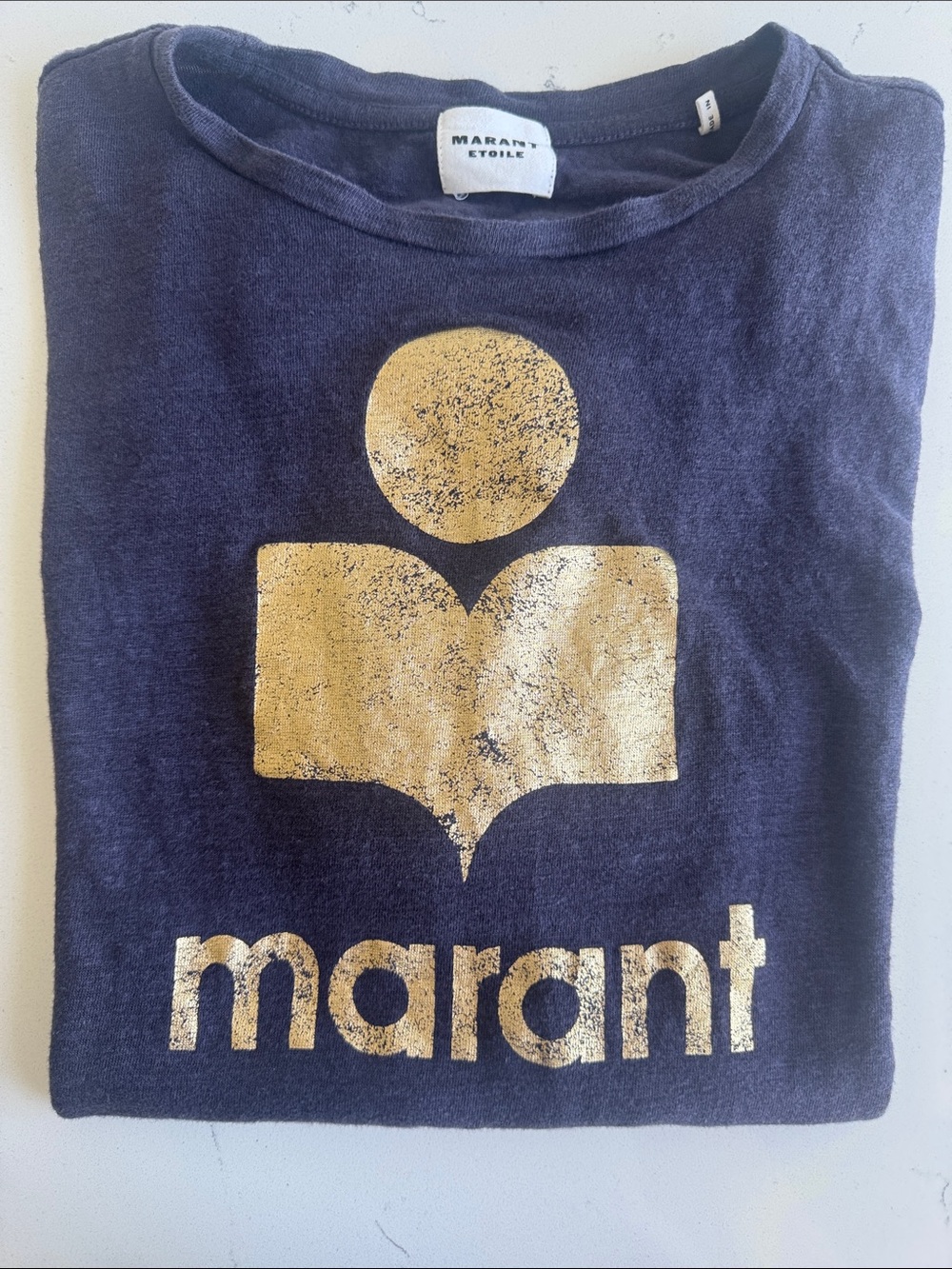 Isabel Marant Ètoile Zewel Metallic Logo Slub Linen Tee with Gold Graphic Logo